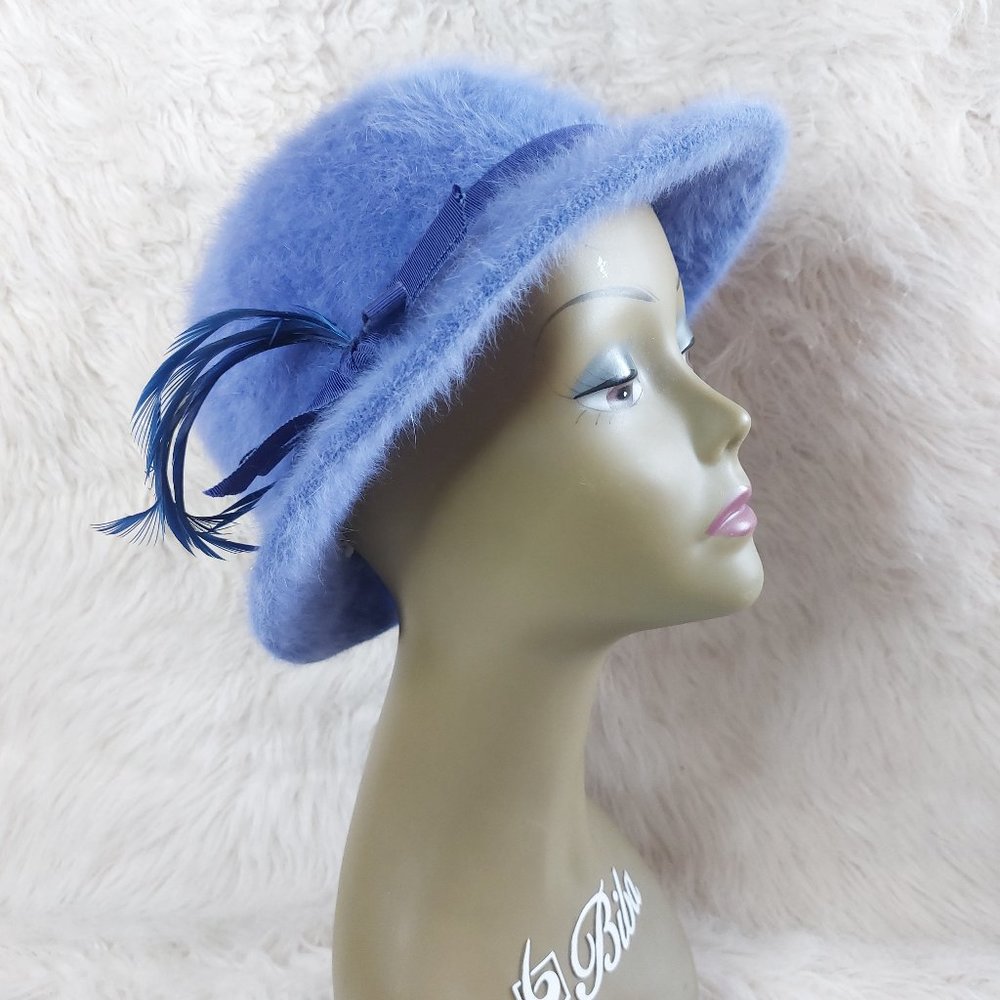 Vintage Women's Blue Fuzzy Soft Angora Fur and Feather Fedora Hat Made in Canada - Picture 1 of 7